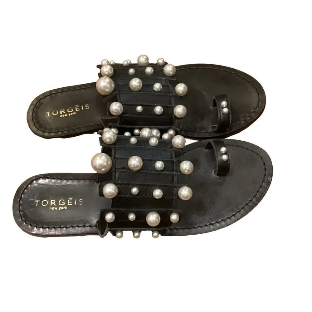 Torgeis Black Leather Flat Toe Ring Pearl Sandals 6.5